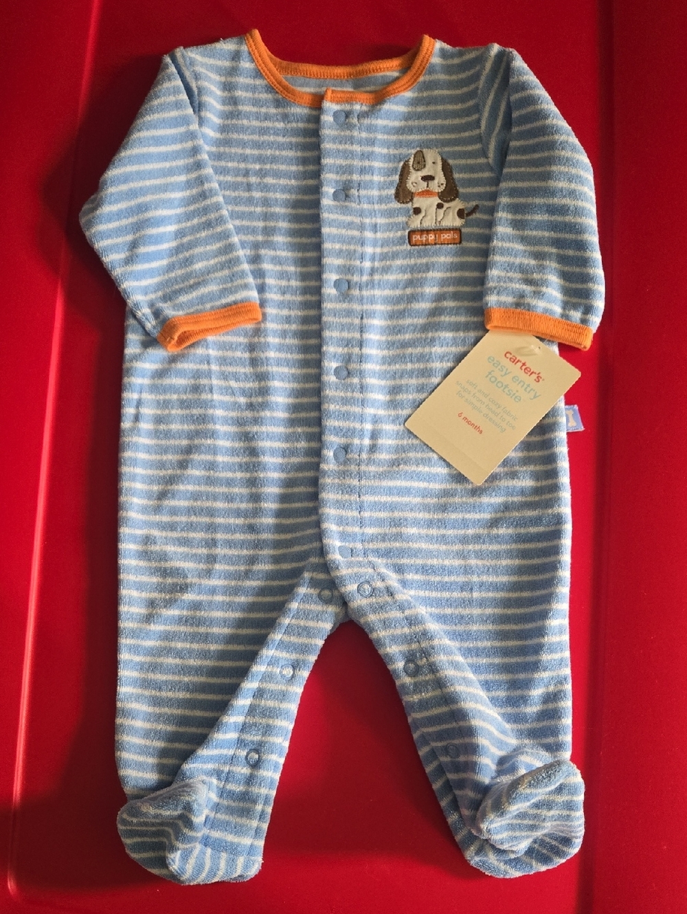 Carters New 6 months Puppy Pals easy entry footsie blue white striped
